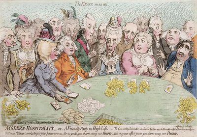 Hospitalidad moderna, o una fiesta amistosa en la alta sociedad, publicada por Hannah Humphrey en 1792 de James Gillray