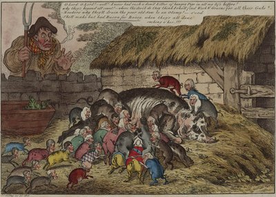 Más cerdos que tetas, o la nueva camada de gruñidores hambrientos, chupando a la vieja cerda de John Bull hasta la muerte, 9 de mayo de James Gillray