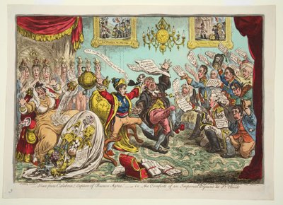 ¡Noticias de Calabria! ¡Captura de Buenos Aires! - es decir, las comodidades de un desayuno imperial en St Clouds, pub. 1806 (grabado coloreado a mano) de James Gillray