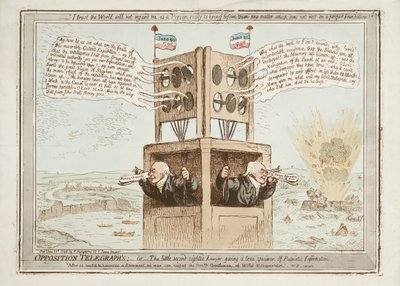 Telégrafos de oposición, o el pequeño abogado clarividente dando una verdadera muestra de información patriótica, 21 de junio de 1798 de James Gillray