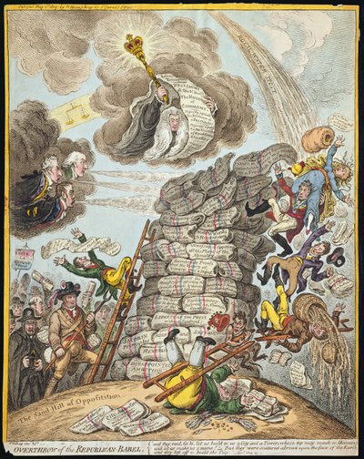 Derrocamiento de la Babel Republicana, publicado por Hannah Humphrey en 1809 de James Gillray
