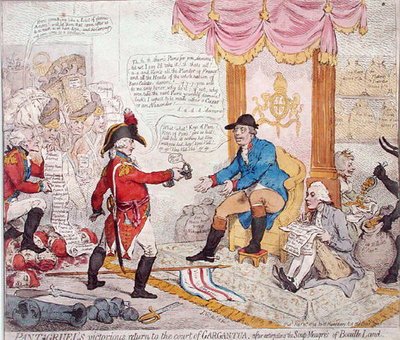 Regreso victorioso de Pantagruel a la corte de Gargantúa tras extirpar a los Soup-Meagres de Bouaille Land, publicado por Hannah Humphrey en 1794 (aguafuerte coloreado a mano). de James Gillray