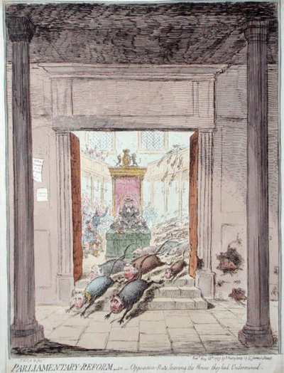Reforma parlamentaria, o ratas de la oposición abandonando la casa que habían socavado de James Gillray