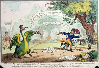 Patriotas decidiendo un punto de honor! o Una representación exacta del encuentro que tuvo lugar en Coombe Wood el 2 de mayo de 1807 entre Little Paul el sastre y Sir Francis Goose, publicado por Hannah de James Gillray