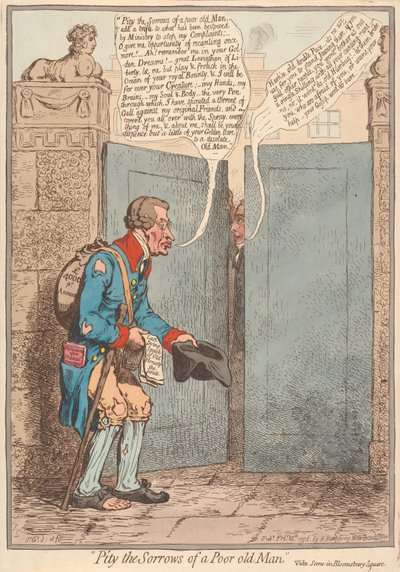 Compadeceos de las penas de un pobre anciano; véase la escena en Bloomsbury Square de James Gillray