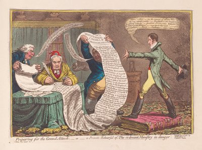 Preparando el Gran Ataque, o un Ensayo Privado del Ministerio ci-devant en Peligro, pub. 1801 (grabado coloreado a mano) de James Gillray