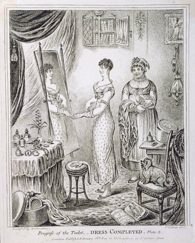 Progreso del tocador, o vestido completo, publicado por Hannah Humphrey en 1810 de James Gillray