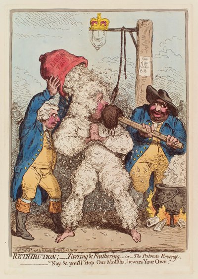 Retribución: Embadurnamiento y emplumado, o La venganza del patriota, pub. 1795 de James Gillray