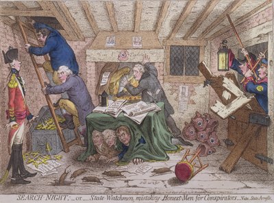 Noche de búsqueda, o los vigilantes del estado confundiendo a hombres honestos con conspiradores, publicada por Hannah Humphrey en 1798 de James Gillray