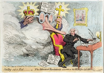 Oliendo una rata, o El revolucionario ateo perturbado en sus "Cálculos" de medianoche, publicado por Hannah Humphrey en 1790 (grabado coloreado a mano) de James Gillray