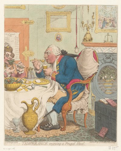 Spotprent op George III, 1792 Templanza disfrutando de una comida frugal (título sobre el objeto) de James Gillray
