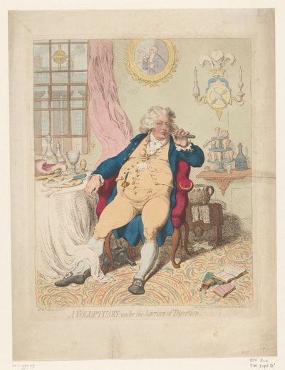 Spotprent op George IV, 1792 Un voluptuoso bajo los horrores de la digestión (título sobre el objeto) de James Gillray