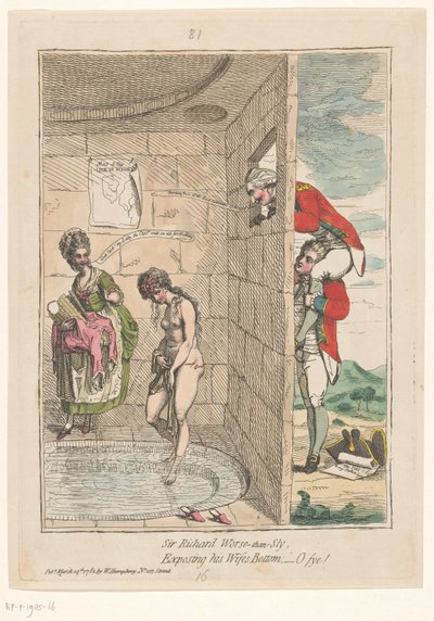 Spotprent de Sir Richard Worsley Sir Richard peor que astuto, exponiendo el trasero de su esposa; -¡Oye! (título en el objeto) de James Gillray