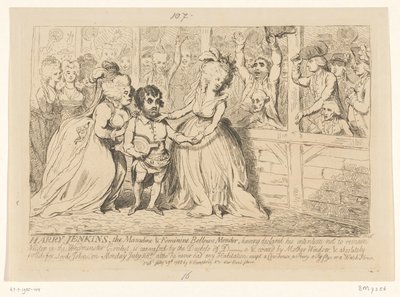 Caricatura de política interna inglesa, 1788 Harry Jenkins, el reparador de fuelle masculino y femenino de James Gillray
