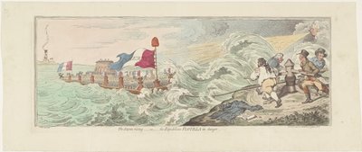 Caricatura de los planes franceses para una invasión de Inglaterra, 1798 El aumento de la tormenta - o - la flotilla republicana en peligro (título sobre el objeto) de James Gillray