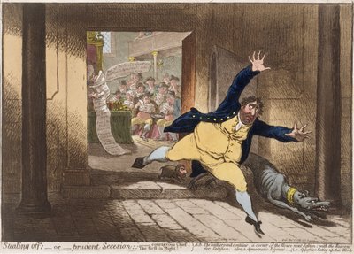 Escapando, o Secesión Prudente, publicado por Hannah Humphrey en 1798 de James Gillray