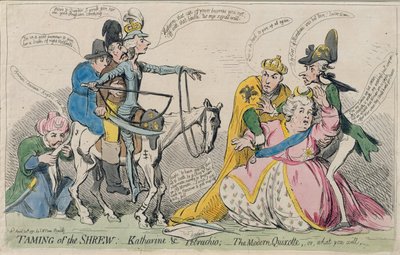 La doma de la bravía: Katherine y Petruchio, o El Quijote moderno, publicado por S.W. Fores en 1791 de James Gillray