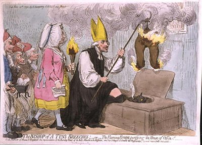 El Obispo de los Pantalones de un Tonel, o El Eveque Ardiente purificando la Casa de Oficio, publicado por Hannah Humphrey en 1792 de James Gillray