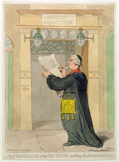 El Canciller de la Inquisición marcando a los incorregibles, publicado por Hannah Humphrey en 1793 de James Gillray