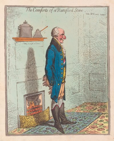Las Comodidades de una Estufa Rumford, pub 1800 (grabado coloreado a mano) de James Gillray