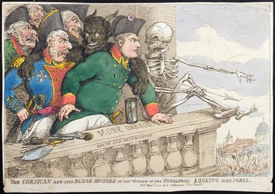 El corso y sus sabuesos en la ventana de las Tullerías, mirando sobre París, publicado por Hannah Humphrey en 1815 de James Gillray