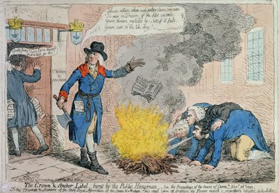 El libelo de Crown und Anchor quemado por el verdugo público, publicado por Hannah Humphrey en 1795 de James Gillray
