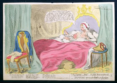 El diablo a pagar: La esposa metamorfoseada, o Neptuno reposando después de vadear el Jordán, publicado por Hannah Humphrey en 1791 de James Gillray