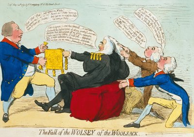 La caída de Wolsey del Woolsack, publicado por Hannah Humphrey en 1792 de James Gillray