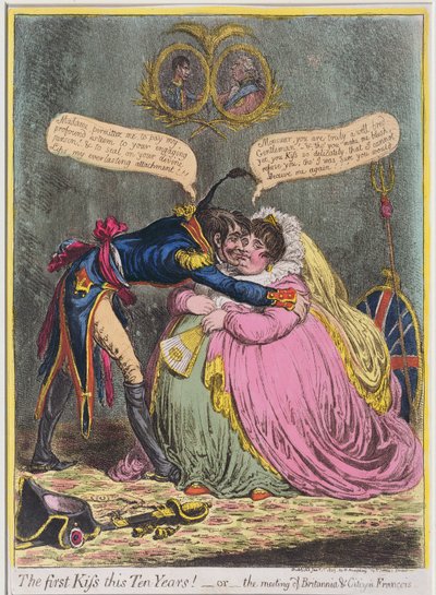 ¡El primer beso en diez años! o El encuentro de Britannia y el Ciudadano François, publicado por Hannah Humphrey en 1803 de James Gillray