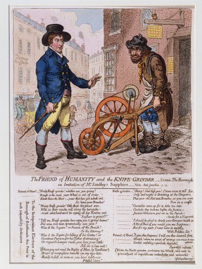 El Amigo de la Humanidad y el Afilador, publicado por Hannah Humphrey en 1797 (aguafuerte coloreado a mano) de James Gillray