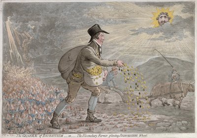 El general del patriotismo, o el granjero de Bloomsbury plantando trigo de Bedfordshire, publicado por Hannah Humphrey en 1796 de James Gillray