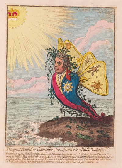 La gran oruga del mar del sur, transformada en una mariposa de Bath de James Gillray