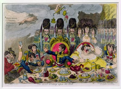 La escritura en la pared, publicado por Hannah Humphrey en 1803 de James Gillray