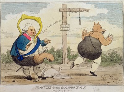 La Tetera Burlándose de la Olla de Gachas, publicado por P.J. Leatherhead en 1782 de James Gillray