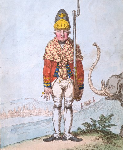 El voluntario de Leadenhall, vestido con su chal, publicado por Hannah Humphrey en 1797 de James Gillray