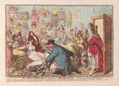 El hombre sensible en busca de lo indispensable; una escena en las pequeñas modistas francesas, pub. 1800 de James Gillray
