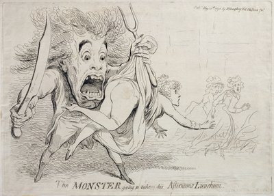 El monstruo yendo a tomar su almuerzo de la tarde, publicado por Hannah Humphrey en 1790 de James Gillray