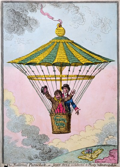 El paracaídas nacional, o John Bull conducido a la abundancia y emancipación, publicado por Hannah Humphrey en 1802 de James Gillray