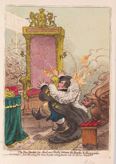El nuevo orador, (es decir, el polluelo de la ley) entre halcones y buitres de James Gillray