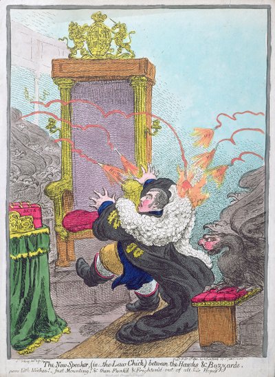 El nuevo orador (es decir, el polluelo de la ley) entre los halcones y los buitres, publicado por Hannah Humphrey en 1800 de James Gillray
