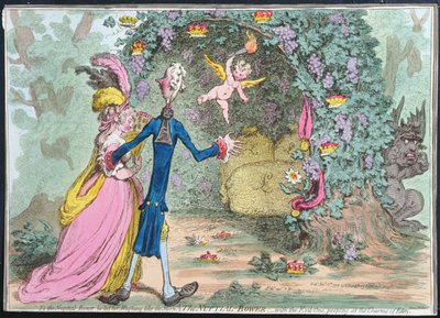 El pabellón nupcial con el Maligno espiando los encantos del Edén, publicado por Hannah Humphrey en 1797 de James Gillray