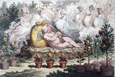 La Naranjería, o El Cupido Holandés reposando, Después de las Fatigas de Plantar, publicado por Hannah Humphrey en 1796 de James Gillray