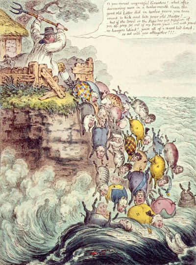 Los Cerdos Poseídos, o la Camada de Fondo Ancho corriendo de cabeza hacia el Mar de la Perdición, 1807 de James Gillray