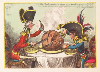 El pudín de ciruela en peligro o epicúreos del estado tomando un petit souper de James Gillray