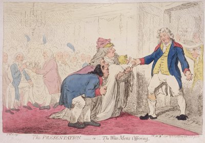 La presentación, o la ofrenda de los sabios, publicada por Hannah Humphrey en 1796 de James Gillray