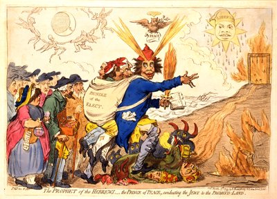 El profeta de los hebreos - el príncipe de la paz conduciendo a los judíos a la tierra prometida, pub. Hannah Humphrey, 1795 (grabado coloreado a mano) de James Gillray