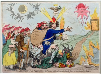 El Profeta de los Hebreos: el Príncipe de la Paz conduciendo a los judíos a la Tierra Prometida, publicado por Hannah Humphrey en 1795 (aguafuerte coloreado a mano) de James Gillray