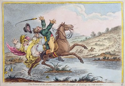 El Sonido del Cuerno, o El Peligro de Montar un Viejo Cazador, publicado por Hannah Humphrey en 1807 de James Gillray