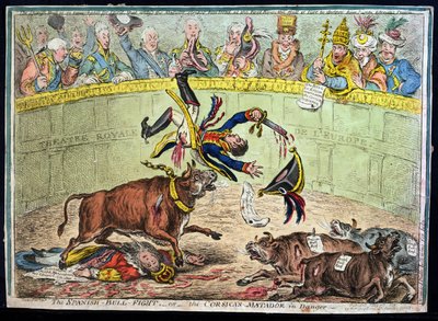 La corrida de toros española, o El matador corso en peligro, publicado por Hannah Humphrey en 1808 de James Gillray