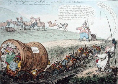 El Carretero del Estado y John Bull, o El Carro Demasiado para los Burros! de James Gillray